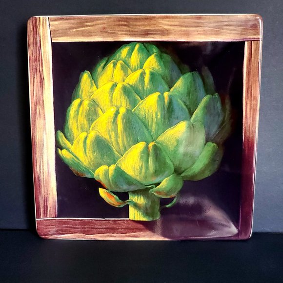 Designer Square Side Plates in Vibrate Veggie Motifs & Faux Wood Border * READ * - Picture 3 of 7